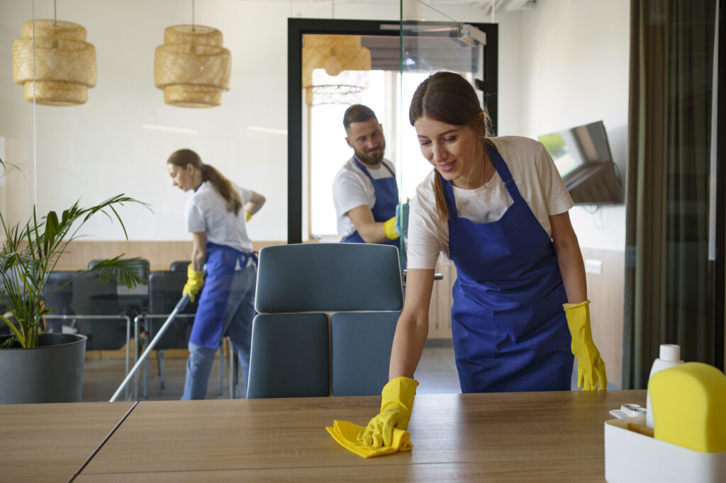 professional cleaning service people working together office